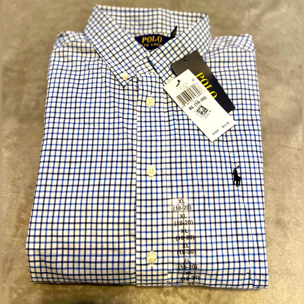 NWT. Ralph Lauren Tattersall Cotton Poplin Long Sleeve. Blue plaid, 18-20 XL